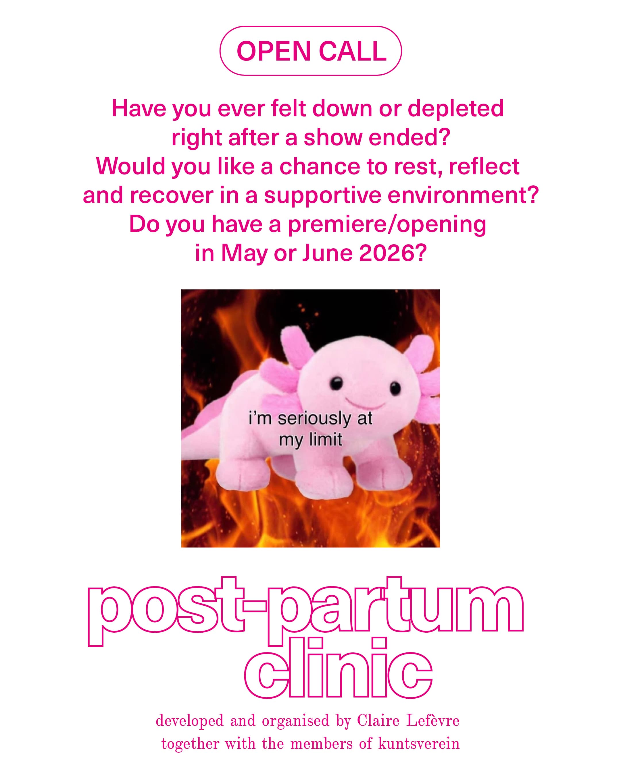 Graphic for the announcement of Post-Partum Clinic's Open Call.